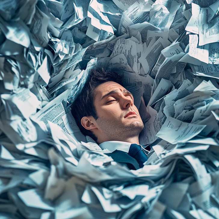 A sales person overwhelmed by paperwork