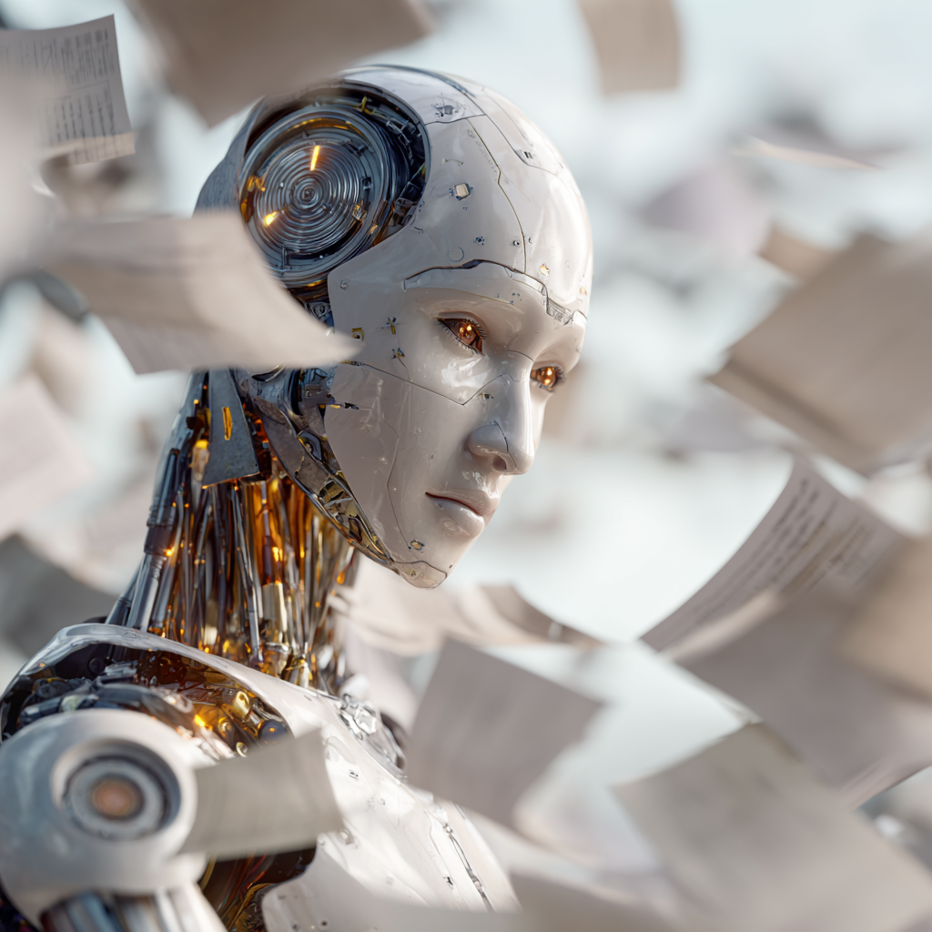 humanoid efficiently handling many sales documents